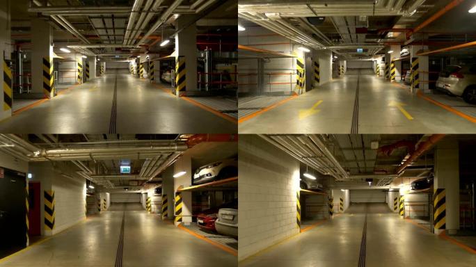 POV开车穿过地下汽车停车场，带4k慢动作60fps平台
