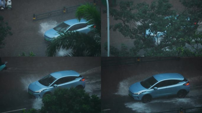 蓝色轿车雨中行驶