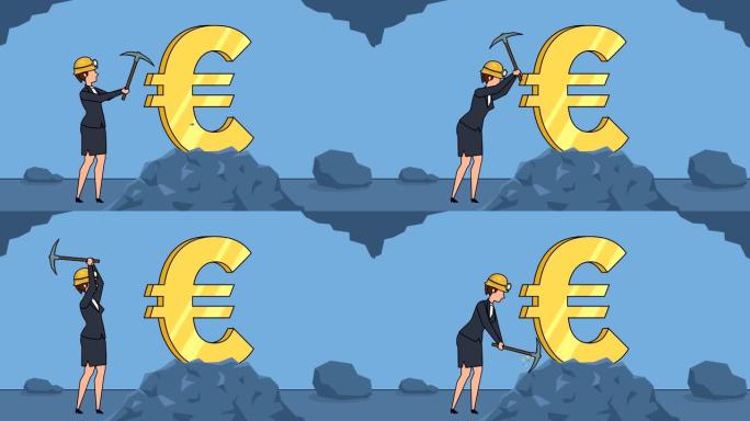 平面卡通女商人矿工角色与镐商务欧洲概念动画一起工作