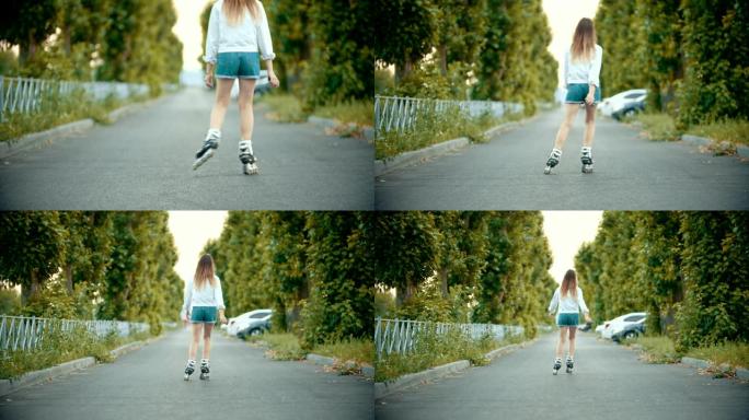 一个十几岁的女孩在空旷的道路上滑冰。