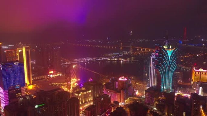 澳门著名酒店区海湾空中全景4k中国夜间照明飞行