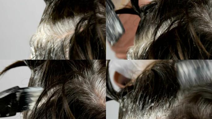 一名中年妇女的杂草丛生的灰色根，她用特殊的刷子将自己的头发