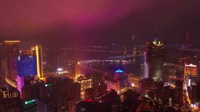 澳门著名酒店区海湾空中全景4k中国夜间照明飞行