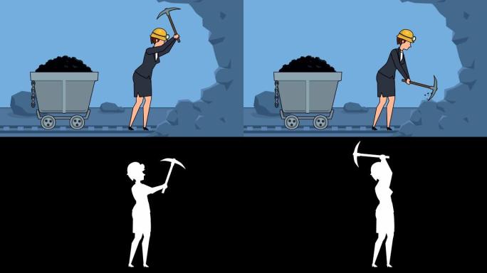 平面卡通女商人矿工角色与镐商业动机概念动画