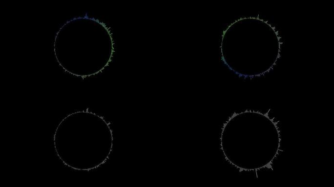 黑色背景上的蓝色圆形数字均衡器音频声波，带垂直线的立体声音效信号