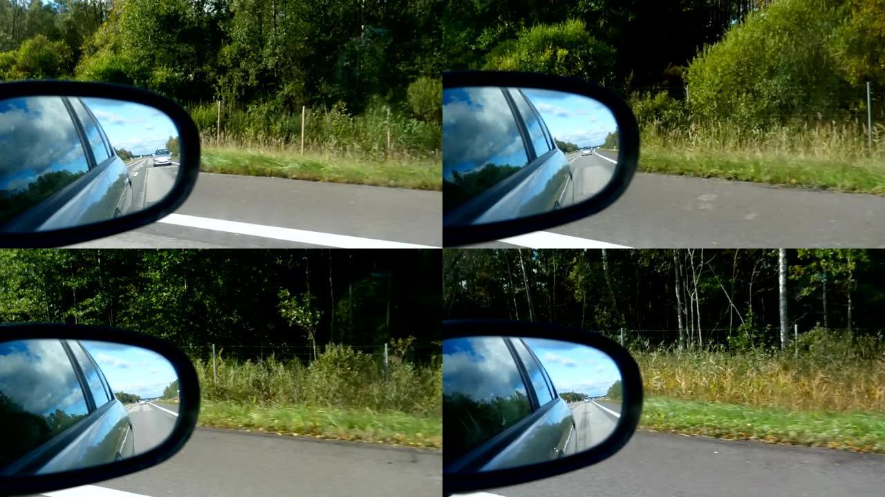 立陶宛A2高速公路上行驶的后视镜视图
