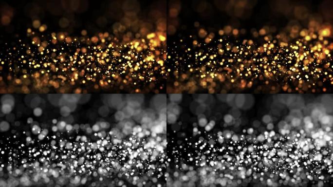 金光闪闪的颗粒在粘稠的液体中移动。这是明亮的节日背景，闪闪发光的粒子景深，波克和亮度哑光作为阿尔法通