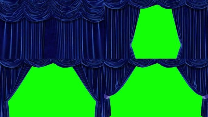 绿色背景的蓝色窗帘。Chromakey。高质量的4k动画。