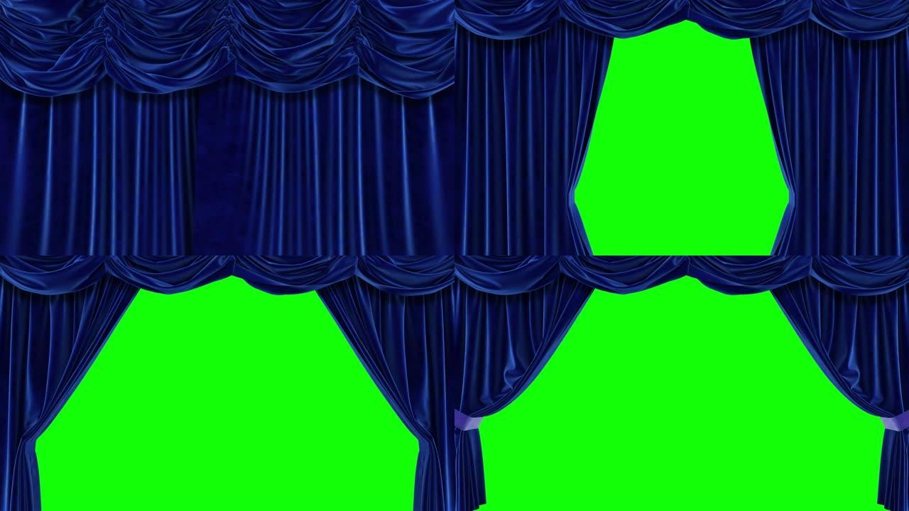 绿色背景的蓝色窗帘。Chromakey。高质量的4k动画。