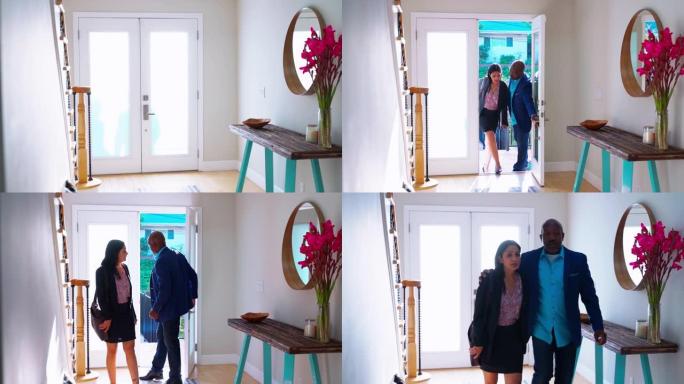 积极快乐的拉丁裔高级夫妇在聚会后返回家中。那个人打开和关闭门，然后他们穿过房子里的走廊