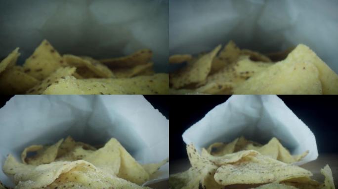玉米饼薯片包内的4k特写虫眼视图