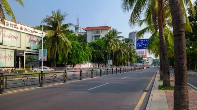 阳光明媚的夜晚三亚交通街全景4k延时中国海南岛