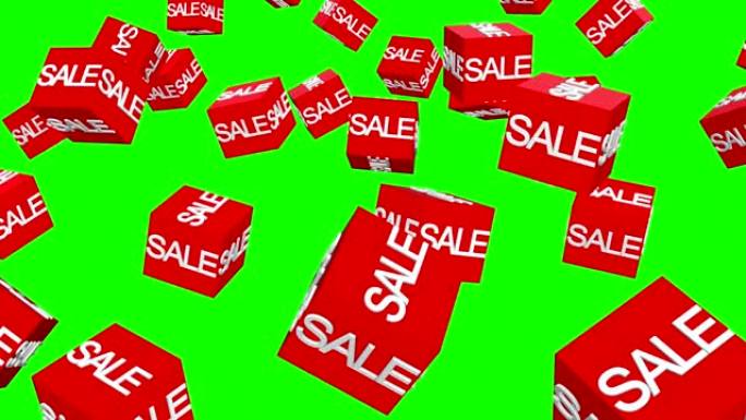 绿色屏幕上带有销售概念的旋转红色立方体