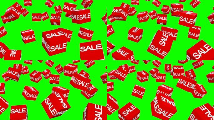 绿色屏幕上带有销售概念的旋转红色立方体