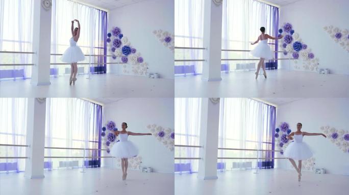 芭蕾舞女演员正在跳起来，使宏伟的临时工变得过时。在空中分裂。