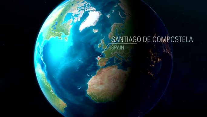 西班牙-圣地亚哥-德孔波斯特拉-从太空到地球的缩放