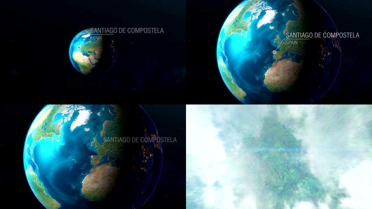 西班牙-圣地亚哥-德孔波斯特拉-从太空到地球的缩放