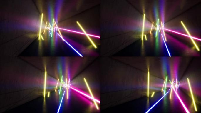 荧光紫外光，发光霓虹灯线，隧道内向前移动，蓝色粉色光谱，现代彩色照明4k