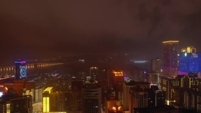夜间照明澳门城市景观湾空中全景4k中国