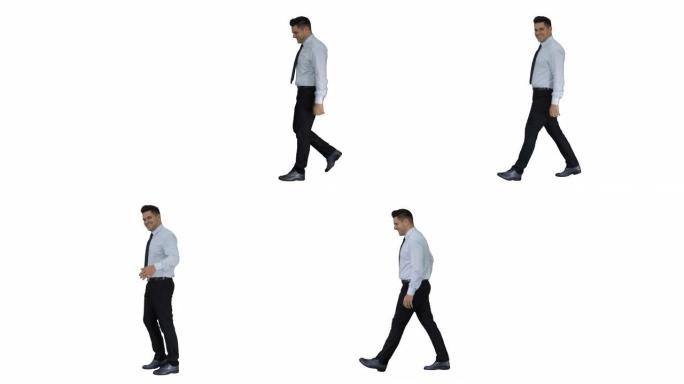 跟着我年轻的商人走在框架里，邀请你在白色背景上跟着他