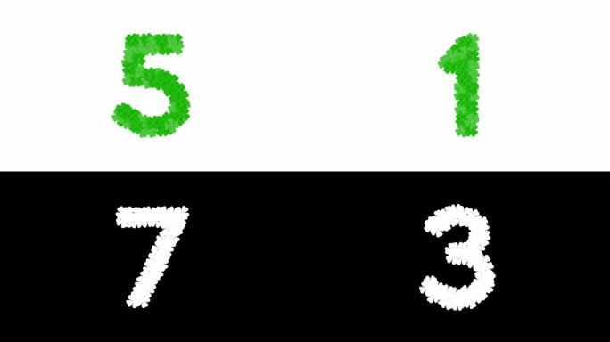 三叶草四叶图案字母表设置字母数字倒数9到零，好运概念设计插图金色孤立在黑色背景动画4K与阿尔法哑光通