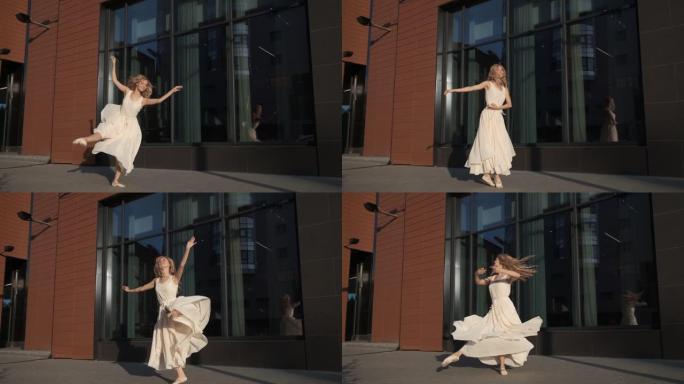 优雅的女孩在城市现代建筑的背景下跳舞。