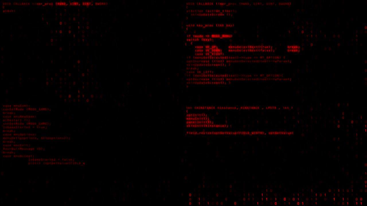 在带有二进制红色背景的旧计算机屏幕终端上运行的编程代码。4k环路
