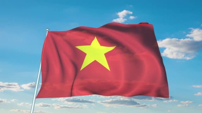 带有织物结构的越南国旗在多云的天空中 (可循环)