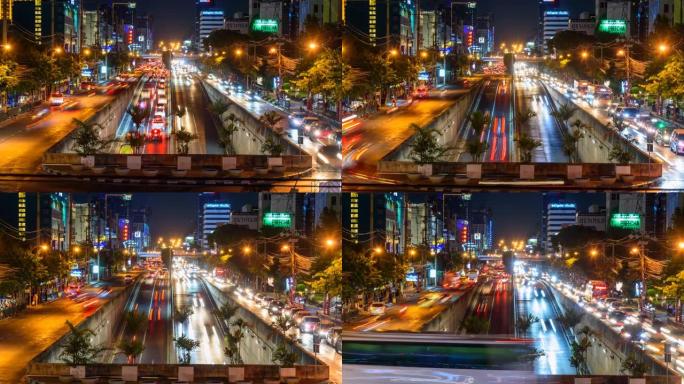 时间流逝模糊了曼谷市掉头街上的大量汽车交通