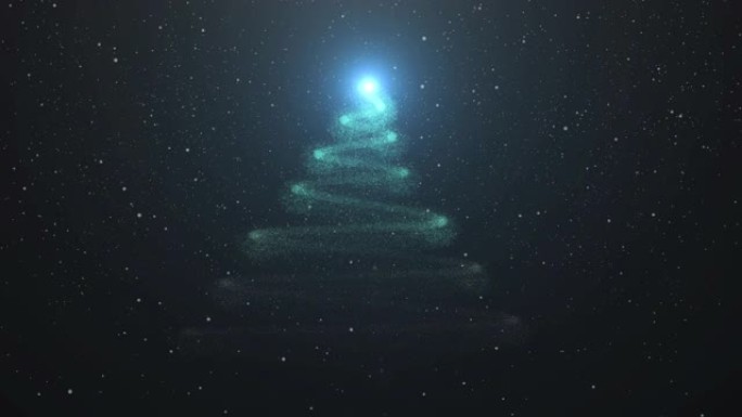 4k视频圣诞快乐蓝树，黑色背景上飘落的雪和闪亮的光