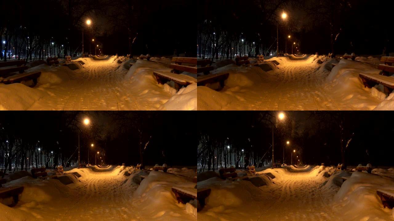 冬天晚上，城市公园里降雪。