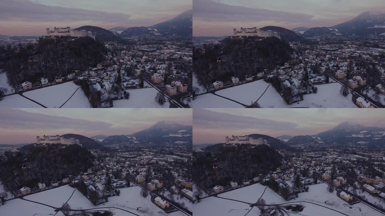冬季黄昏时萨尔茨堡的鸟瞰图