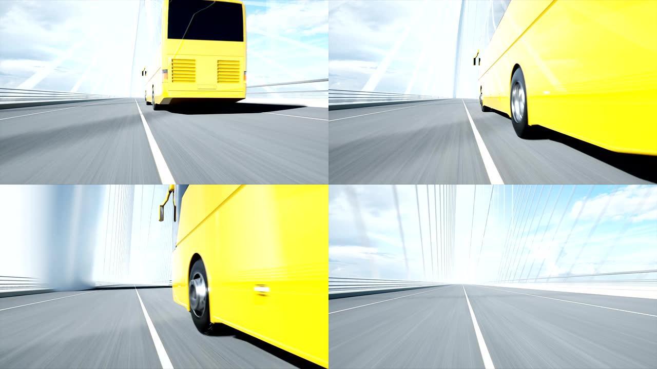 桥上公交车的3d模型。非常快的驾驶。4k动画。