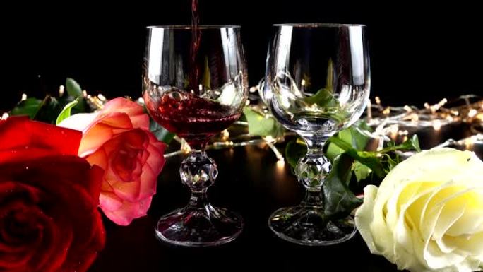 酒杯和玫瑰在明亮的花环的背景下。
