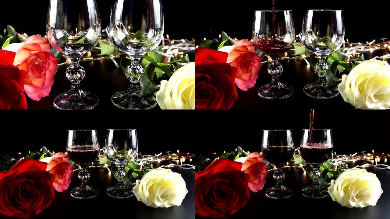 酒杯和玫瑰在明亮的花环的背景下。