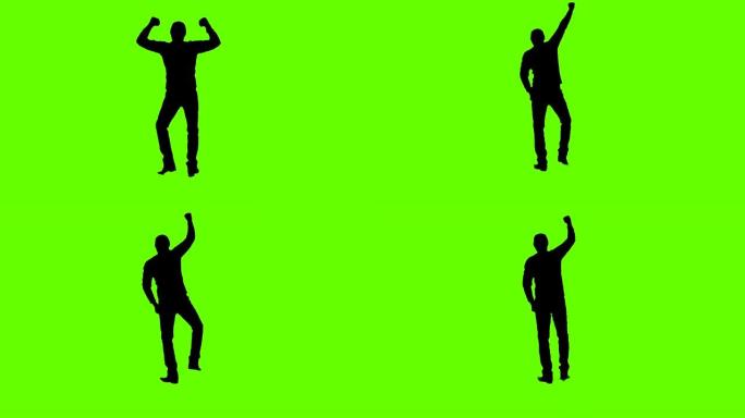 欢快的演员喜剧演员在色度键上运动。剪影男子在绿色背景上移动滑稽。