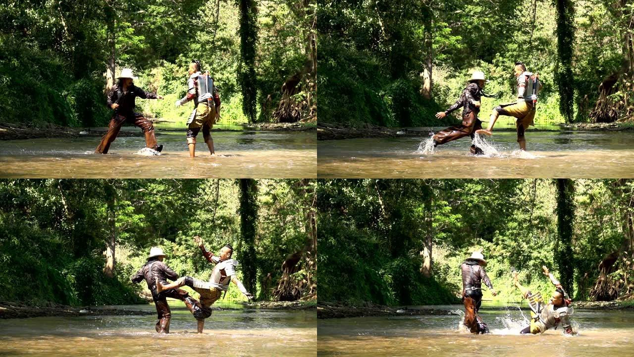 在河中与古代勇士搏斗的牛仔