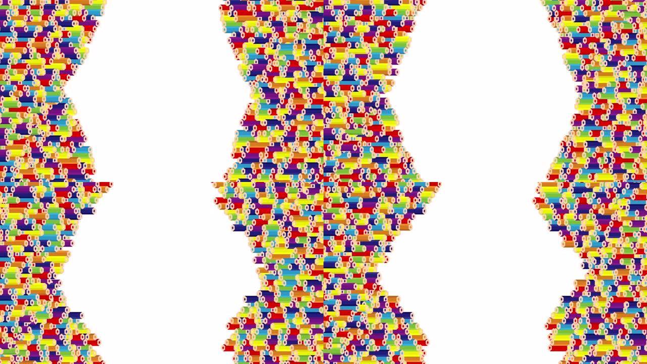 铅笔条3D虚拟等距随机波形图案，教育或商务文具概念设计插图白色背景无缝循环动画4K，带复制空间