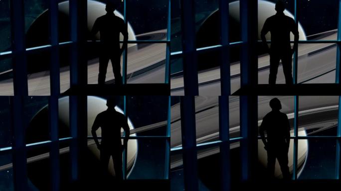 在这个抽象的概念中，一个剪影的人站在窗户前，俯瞰着土星。