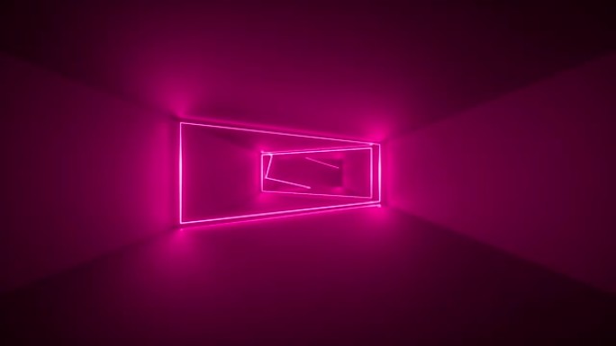飞行通过无尽的走廊，粉红色的霓虹灯，发光线，框架，抽象的霓虹灯背景，虚拟现实界面，在隧道内移动