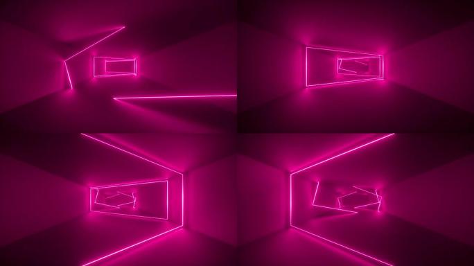 飞行通过无尽的走廊，粉红色的霓虹灯，发光线，框架，抽象的霓虹灯背景，虚拟现实界面，在隧道内移动