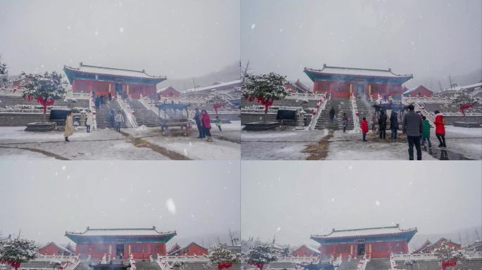 实拍雪天信徒寺庙上香朝拜