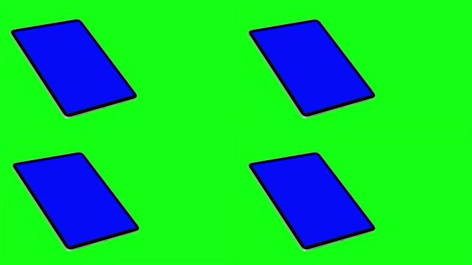 黑色平板电脑在绿色背景上打开。易于定制的蓝屏。计算机生成的图像。