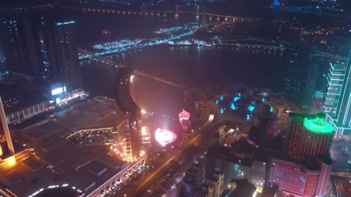 夜间照明澳门城市湾著名市中心酒店航空全景4k中国