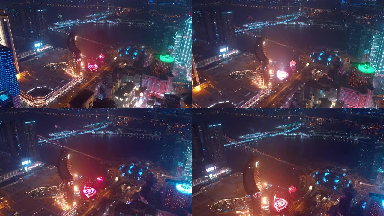 夜间照明澳门城市湾著名市中心酒店航空全景4k中国