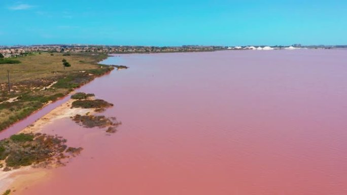 鸟瞰图。粉红色盐海水蒸发池