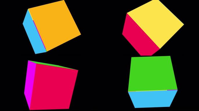 彩色立方体与阿尔法通道旋转。黑色动画平面立方体