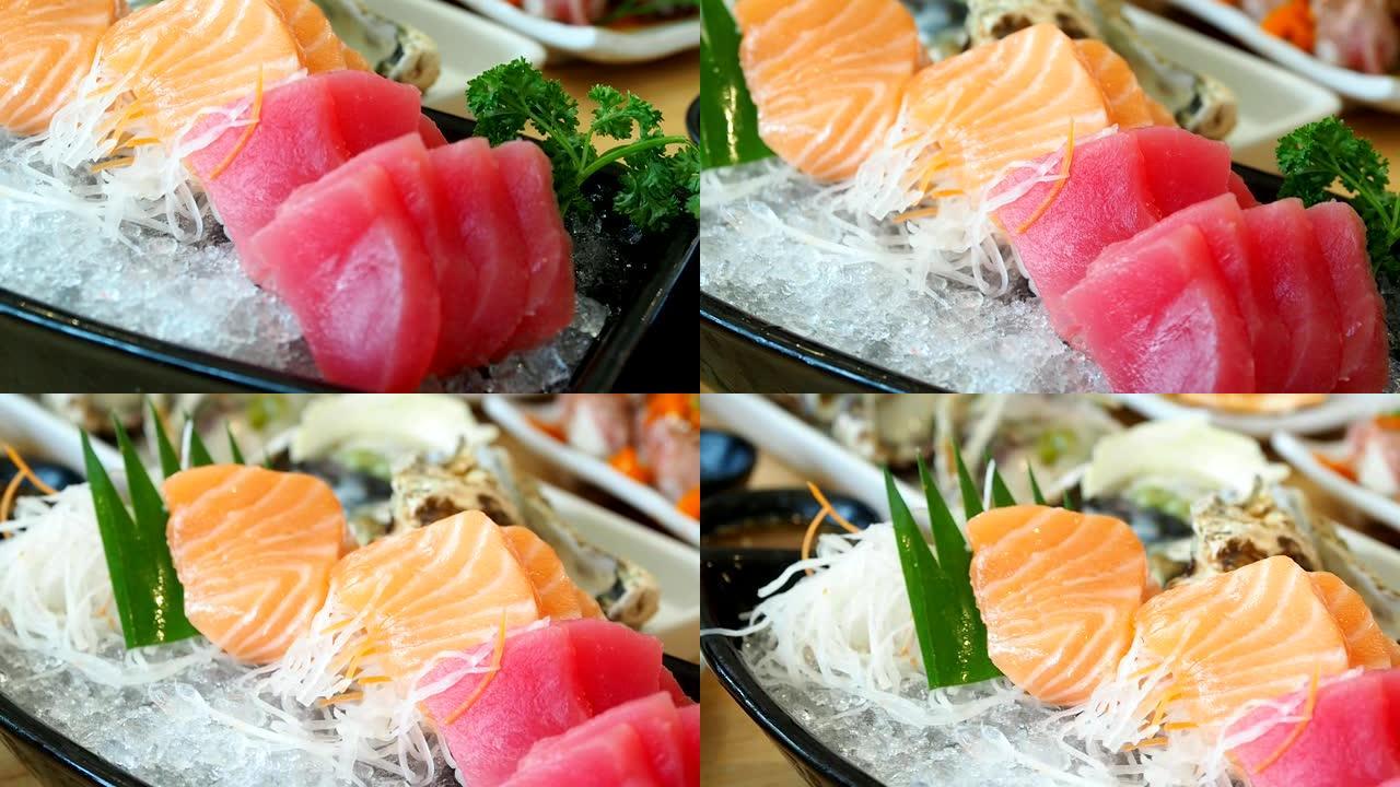 日本生鱼片 (鲑鱼，金枪鱼) 放在盘子里的冰上。平移左枪。
