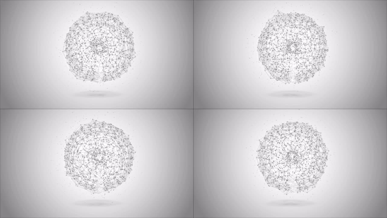 sphere抽象灰色数字数据系统节点和连接路径的动画。3D插图渲染。