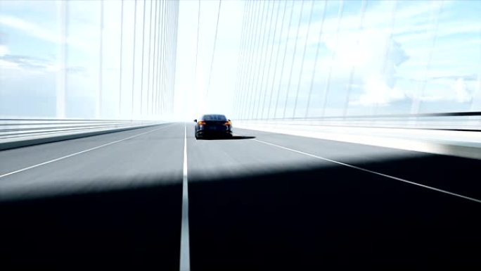 桥上黑色跑车的3d模型。非常快的驾驶。逼真的4k动画。